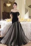Black Velvet Off Shoulder Mermaid Evening Gown Beaded Tulle Train Formal Dress HZ0429