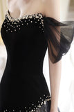 Black Velvet Off Shoulder Mermaid Evening Gown Beaded Tulle Train Formal Dress HZ0429