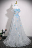 Silver Sequins and Blue Butterfly Long Prom Dress, Beautiful A-Line Evening Party Dress HZ0429