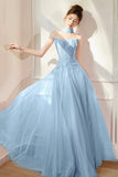 Blue Tulle Beads Long Prom Dress, Lovely A-Line Evening Party Dress HZ0429