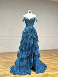 Blue Lace Sequins Layered Long Prom Dresses, Beautiful Off the Shoulder Evening Party Dress HZ0429