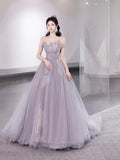 Light Purple Tulle Lace Long Prom Dress, Beautiful A-Line Strapless Party Dress HZ0429