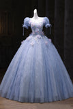 Blue Tulle Sequins Long Prom Dress with Flower, Beautiful Short Sleeve Party Dress HZ0429