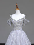 Gray Tulle Sequins Long Prom Dress, Beautiful Off the Shoulder Party Evening Dress HZ0429