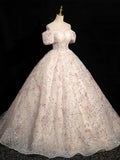 Champagne Tulle Sequins Long Prom Dress, Beautiful A-Line Evening Party Dress HZ0429