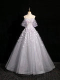 Grey Tulle 3D Flower Floor Length Prom Dress, Beautiful A-Line Off the Shoulder Party Dress HZ0429