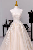 Champagne Tulle Lace Long Prom Dress, A-Line Beautiful Strapless Evening Formal Dress HZ0429