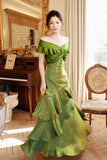 Green Off-the-Shoulder Mermaid Evening Gown with Ruffled Tiered Skirt HZ0429