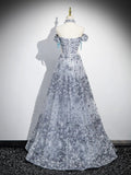 Gray Tulle Sequins Long Prom Dress, Off the Shoulder Evening Party Dress HZ0429