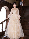 Champagne Tulle Beads Long Prom Dress, Beautiful Long Sleeve Evening Party Dress HZ0429