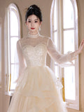 Champagne Tulle Beads Long Prom Dress, Beautiful Long Sleeve Evening Party Dress HZ0429