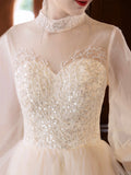 Champagne Tulle Beads Long Prom Dress, Beautiful Long Sleeve Evening Party Dress HZ0429