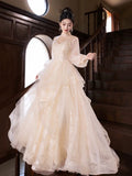 Champagne Tulle Beads Long Prom Dress, Beautiful Long Sleeve Evening Party Dress HZ0429