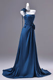 Elegant Blue Satin Ruched Bodice Evening Dress with Train HZ0429