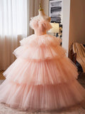 Pink Tulle Layers Ruffles Long Prom Dress, Beautiful Sweet 16 Dress Party Dress HZ0429