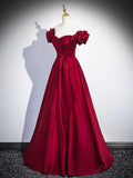 Burgundy Satin Floor Length Prom Dress, Off the Shoulder Evening Party Dress HZ0429