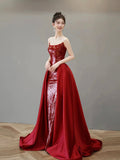 Burgundy Satin Sequins Long Prom Dress, Beautiful Strapless Evening Party Dress HZ0429