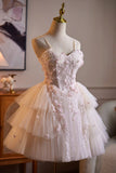 Sweetheart Neck Pink 3D Flower Mini Tulle Dress Beaded Tiered Homecoming Dress HZ0429