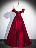 Burgundy Satin Floor Length Prom Dress, Off the Shoulder Evening Party Dress HZ0429