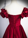 Burgundy Satin Floor Length Prom Dress, Off the Shoulder Evening Party Dress HZ0429
