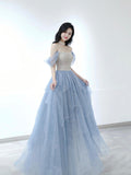 Blue Tulle Layered Long Prom Dresses, Beautiful Strapless Evening Party Dress HZ0429