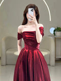 Burgundy Satin Beaded Floor Length Prom Dress, Beautiful A-Line Party Dress HZ0429