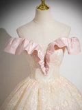 Pink and Champagne Lace Long Prom Dress, Beautiful V-Neck Evening Party Dress HZ0429