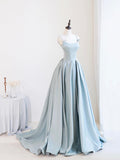 Blue Satin Long Prom Dress with Pearl, Beautiful Spaghetti Strap Evening Party Dress HZ0429