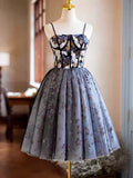 Black Printing Sequins Party Dress, Spaghetti Straps Sleeveless Backless Short Formal Dress HZ0429