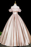 Pink Satin Long Prom Dress, A-Line Off the Shoulder Evening Party Dress HZ0429