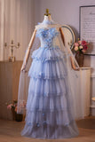 Blue Flower Fairy Beading Butterfly Prom Dresses, A-Line Cascading Ruffles Formal Evening Dresses HZ0429