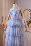 Blue Flower Fairy Beading Butterfly Prom Dresses, A-Line Cascading Ruffles Formal Evening Dresses HZ0429