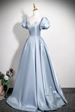 Light Blue Satin Ball Gown with Puff Sleeves, Princess Formal Evening Dress for Prom HZ0429